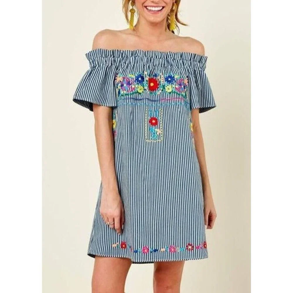 Bobbi Rocco Flower Embroidered Off-Shoulder Dress Size Small - Picture 1 of 8